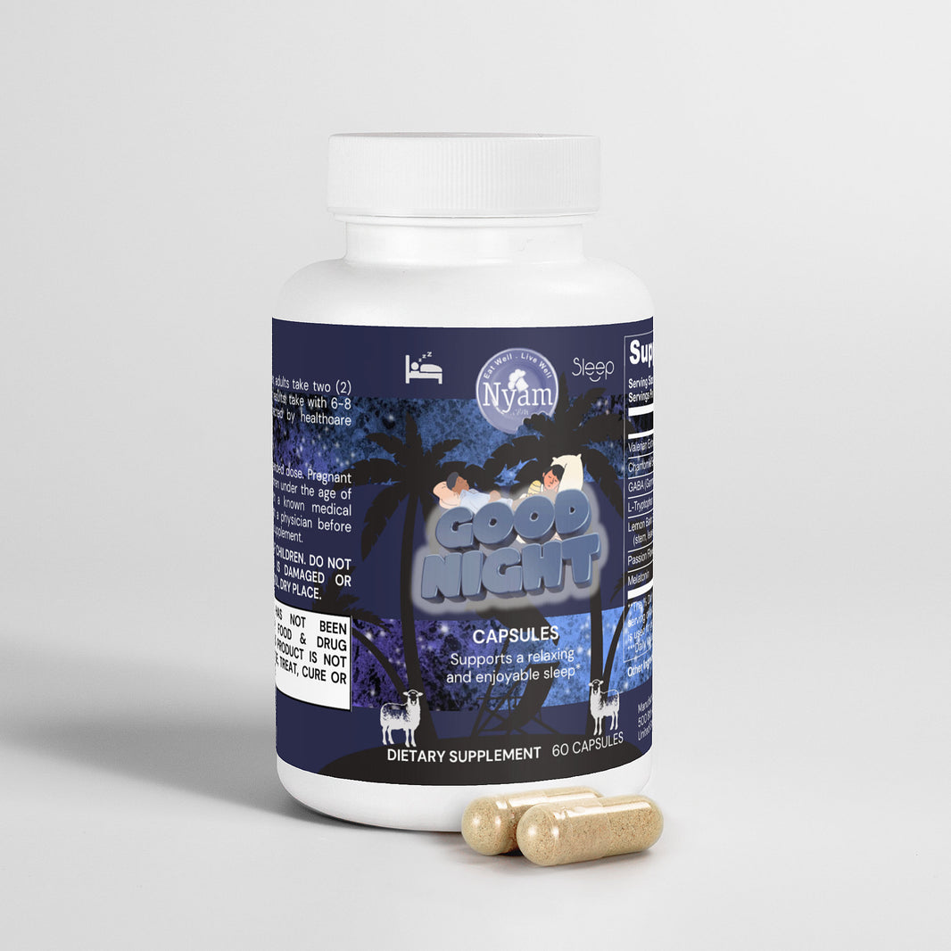 Good Night: Sleep Formula , Wake Renewed Relax and unwind with a soothing blend of Valerian Extract, Chamomile, GABA, L-Tryptophan, Lemon Balm, Passion Flower, and Melatonin.