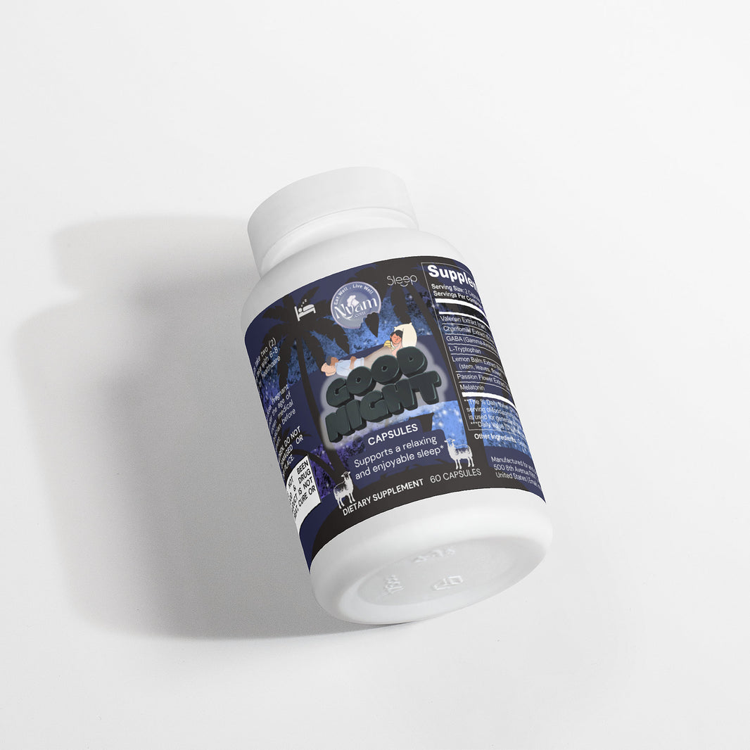 Good Night: Sleep Formula , Wake Renewed Relax and unwind with a soothing blend of Valerian Extract, Chamomile, GABA, L-Tryptophan, Lemon Balm, Passion Flower, and Melatonin.